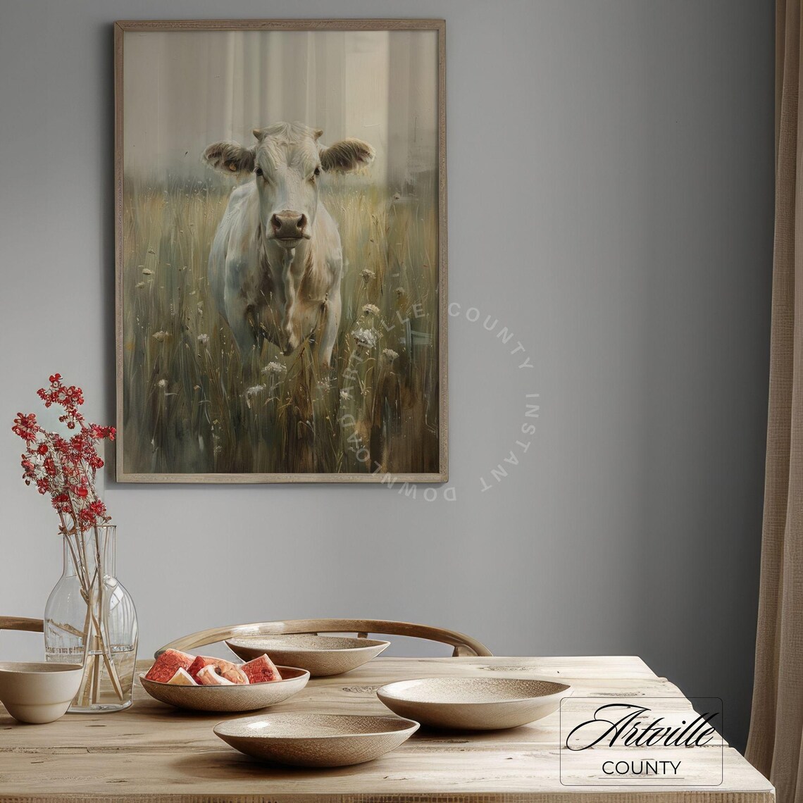 Cow Grazing Oil Painting, Farmhouse Wall Art - Image 3