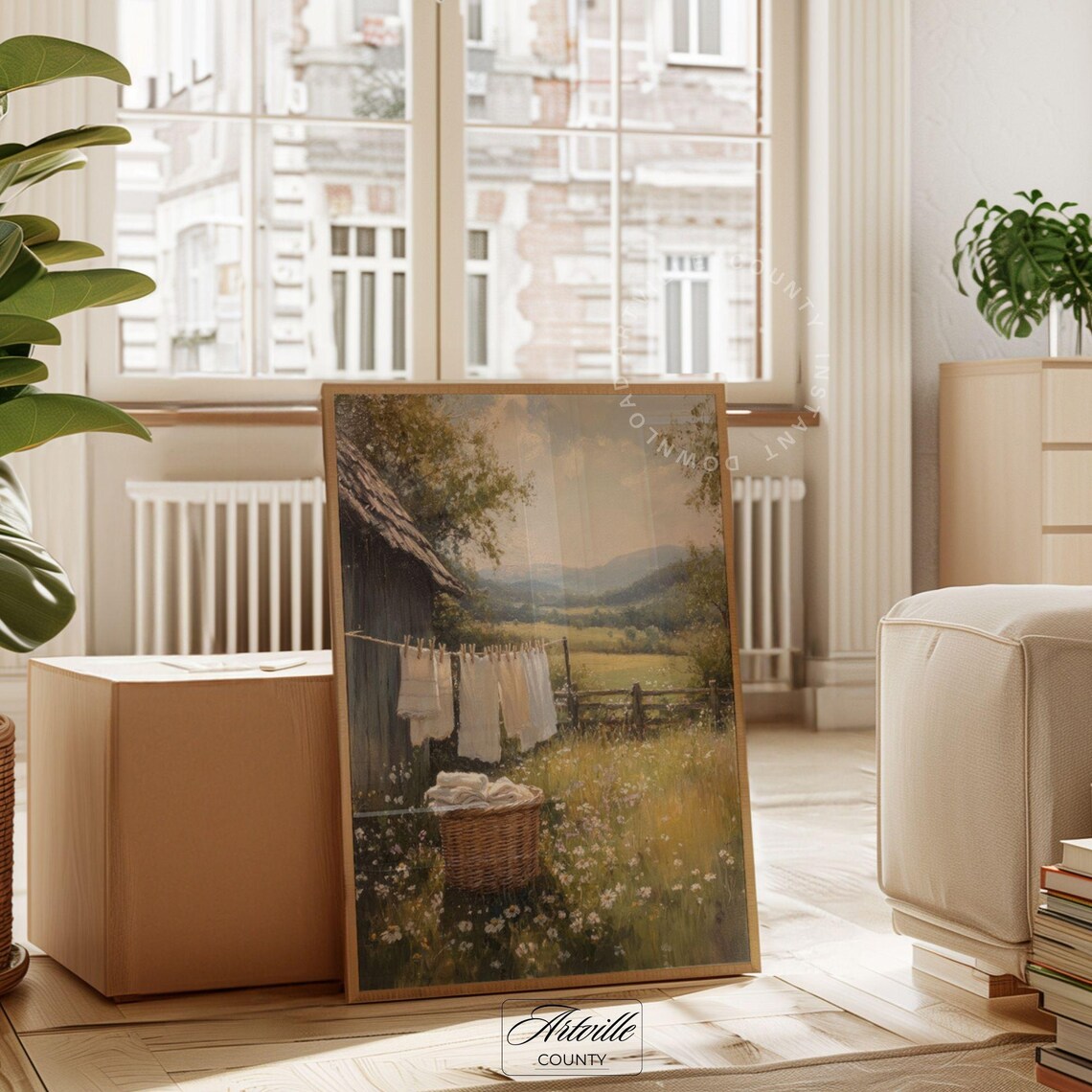 Vintage Laundry Day Print, Country Landscape Art