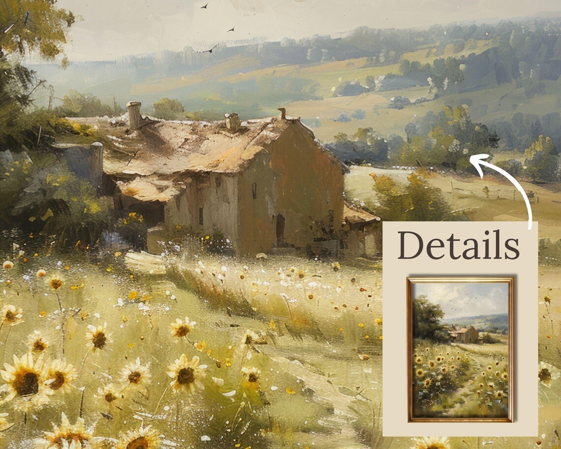 Sunflower Field Cottage Vintage Country Landscape Painting Poster - Image 4