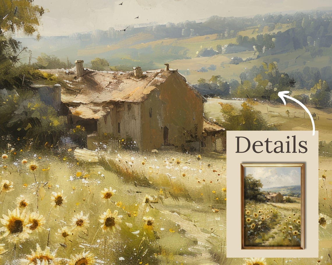 Sunflower Field Landscape Painting Vintage Cottage Print Farmhouse Wall Art Countryside Oil Painting Cottagecore Art Print - Image 4