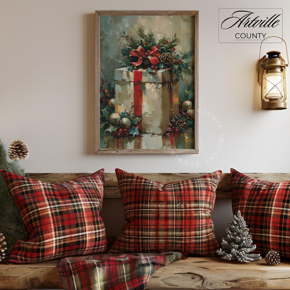 Christmas Gift Box With Pinecones Vintage Holiday Still Life Poster - Image 3
