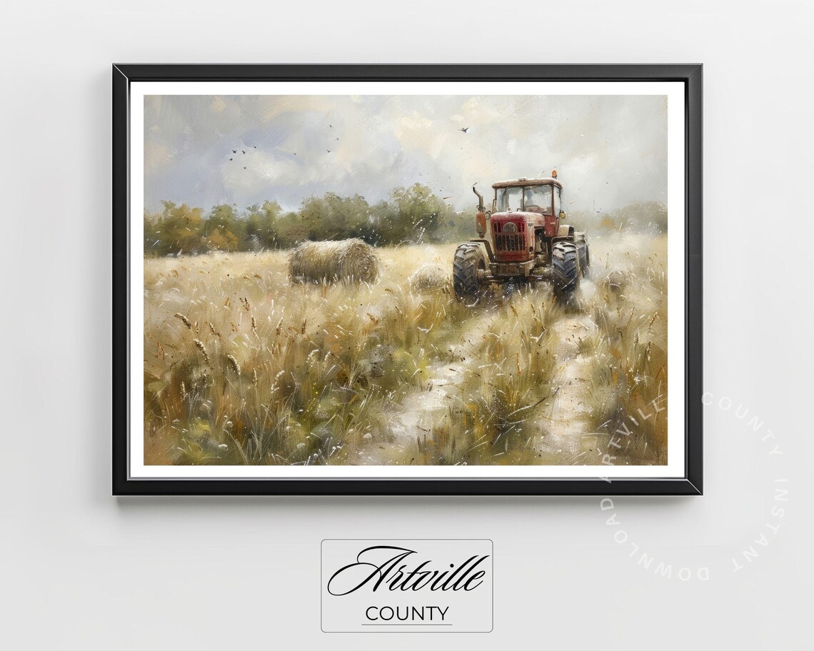 Red Tractor in Golden Wheat Field Harvest Vintage Farm Poster - Image 2