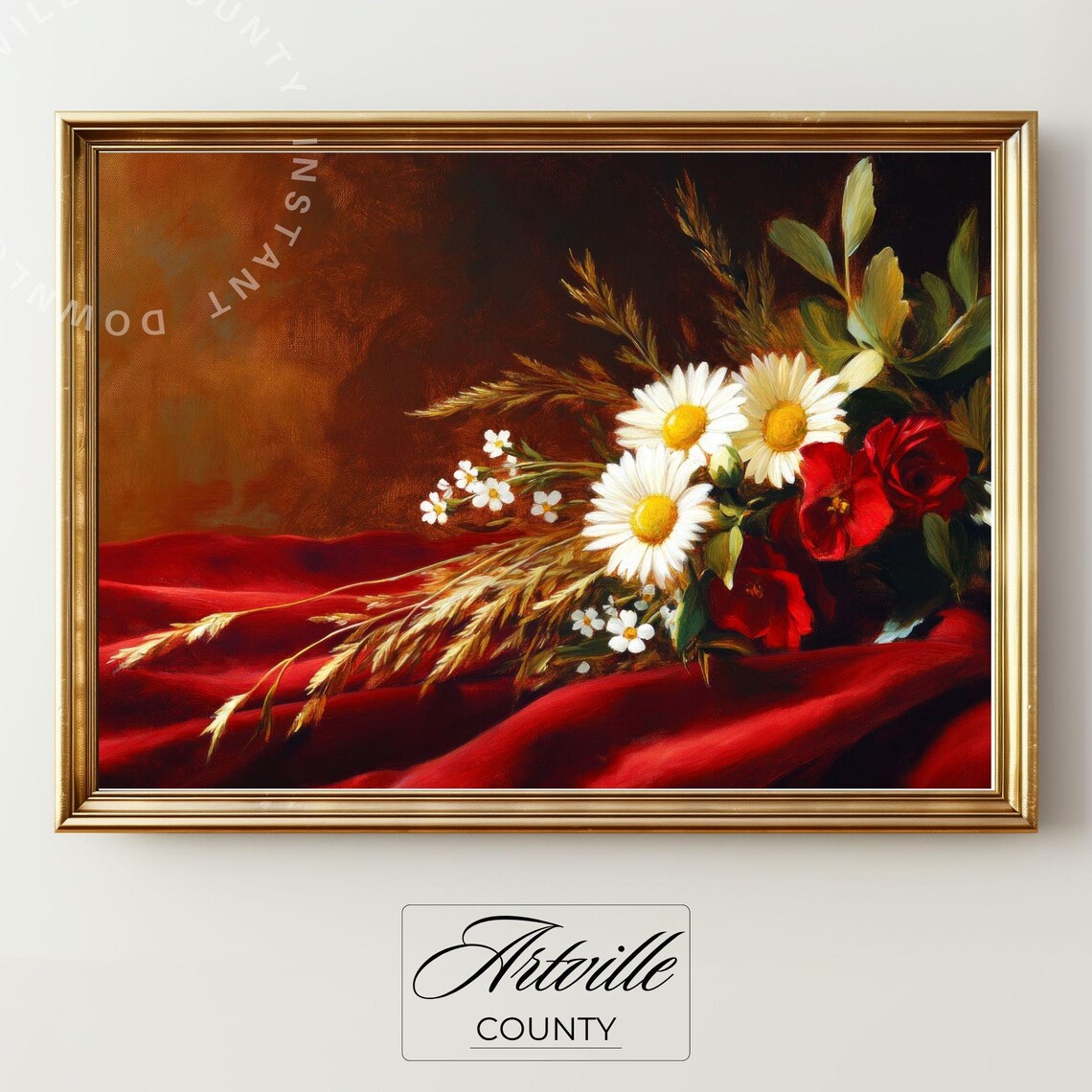 Vintage Daisy Floral Painting, Moody Wildflowers Art Print