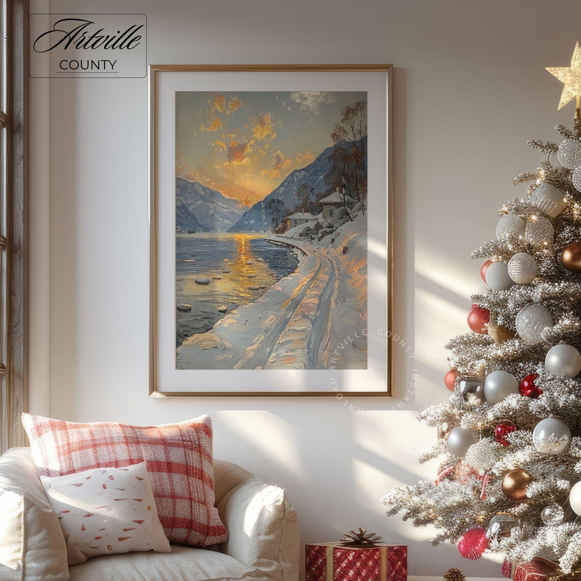 Snowy Mountain Lake Sunset Winter Shoreline Landscape Poster - Image 5