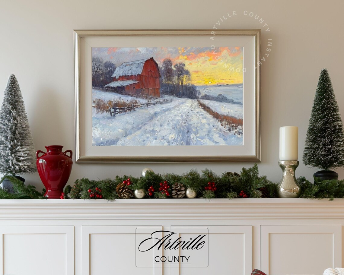 Red Barn in Snow Sunset Winter Farm Vintage Oil Painting Poster - Image 5