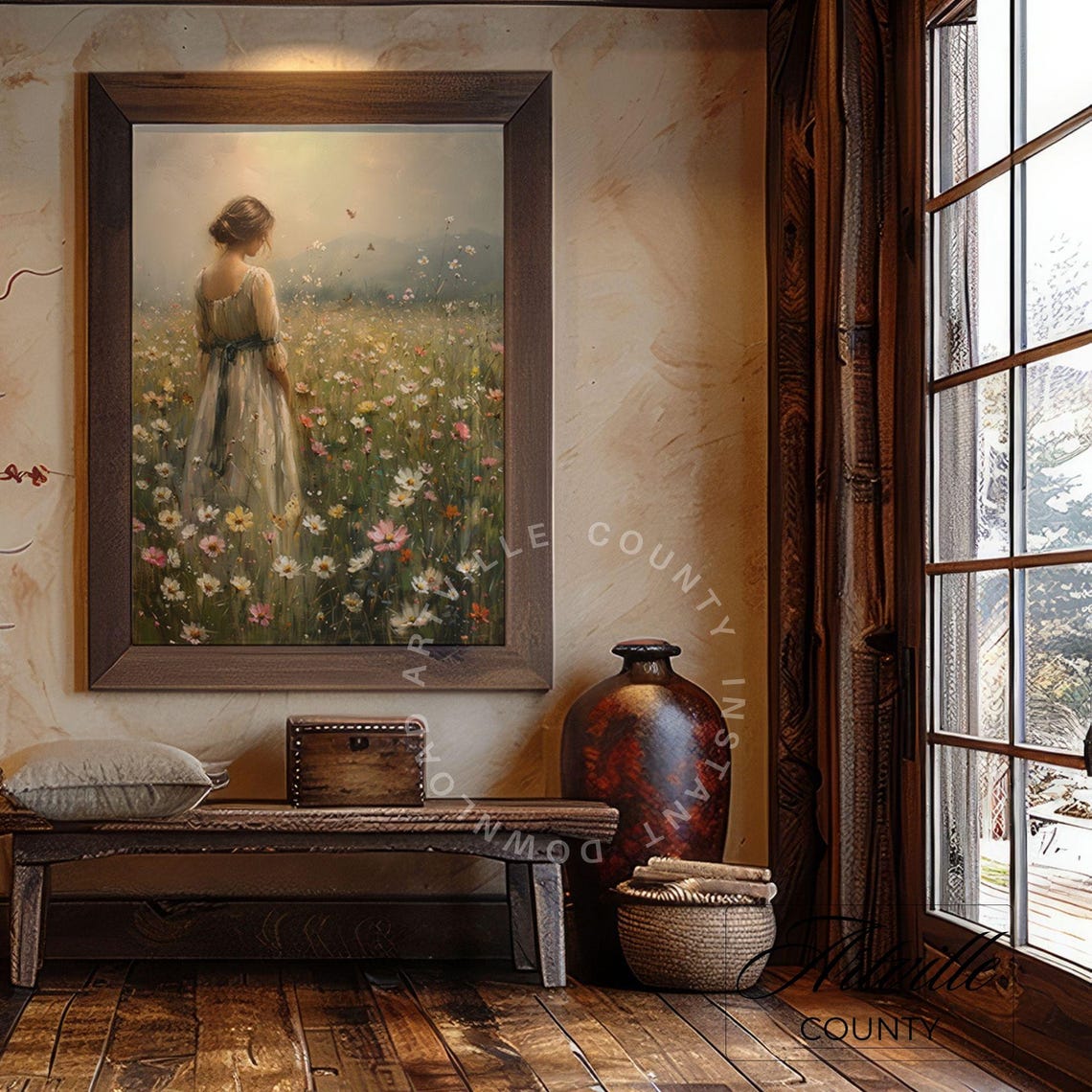 Girl In Meadow Landscape Painting Vintage Wildflower Field Wall Art Moody Cottage Print Art Woman In Field Oil Painting - Image 3