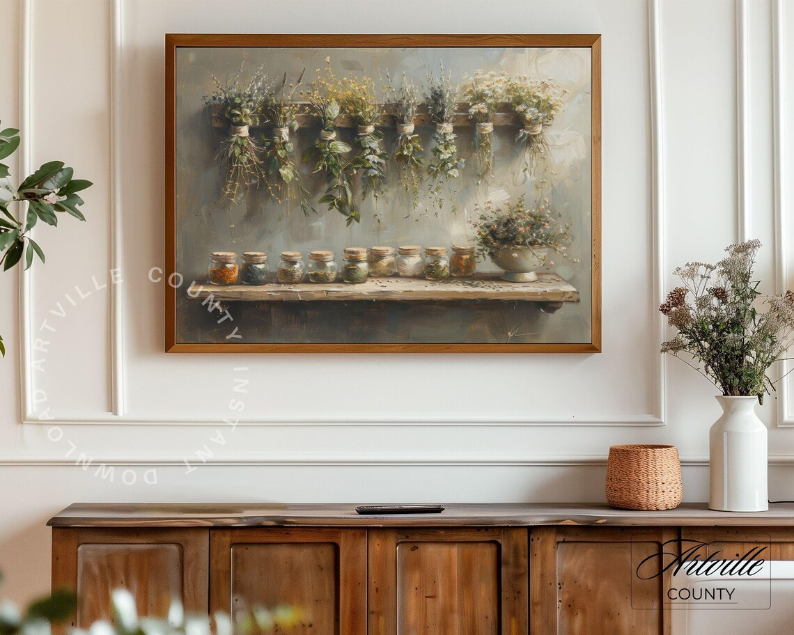 Vintage Dried Herbs Still Life Art Print, Rustic Kitchen - Image 3