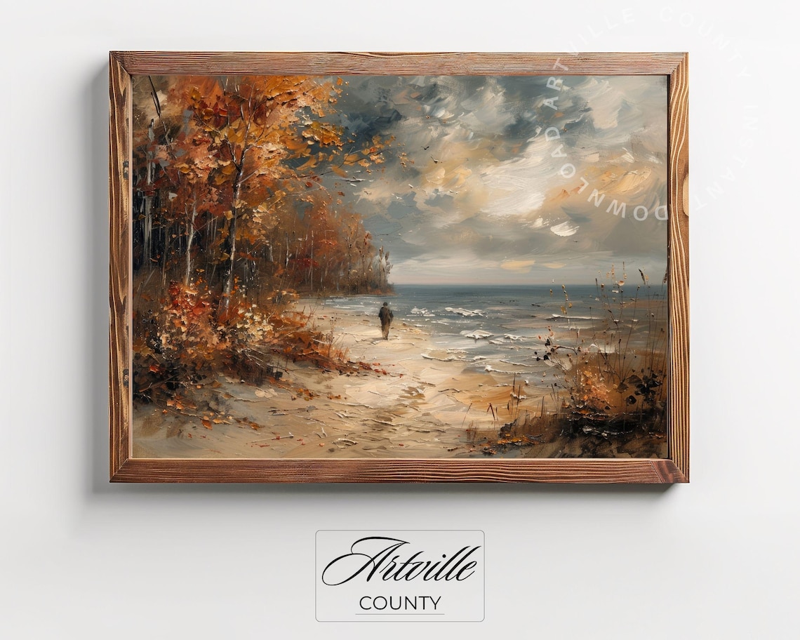 Autumn Beach with Lone Figure Under Stormy Sky Seascape Poster - Image 2