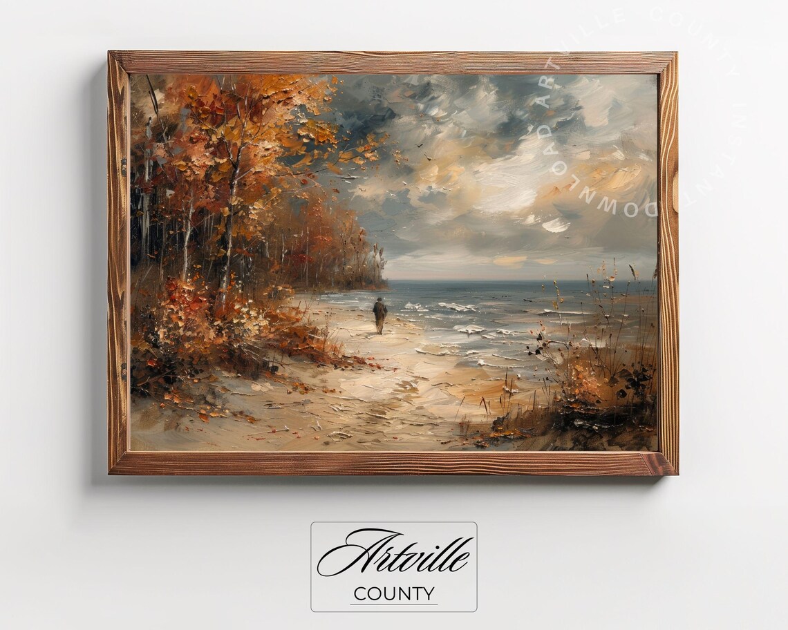 Fall Coastal Landscape Painting Autumn Trees Print Rustic Fall Decor Fall Sea Artwork Moody Coastal Wall Art - Image 2