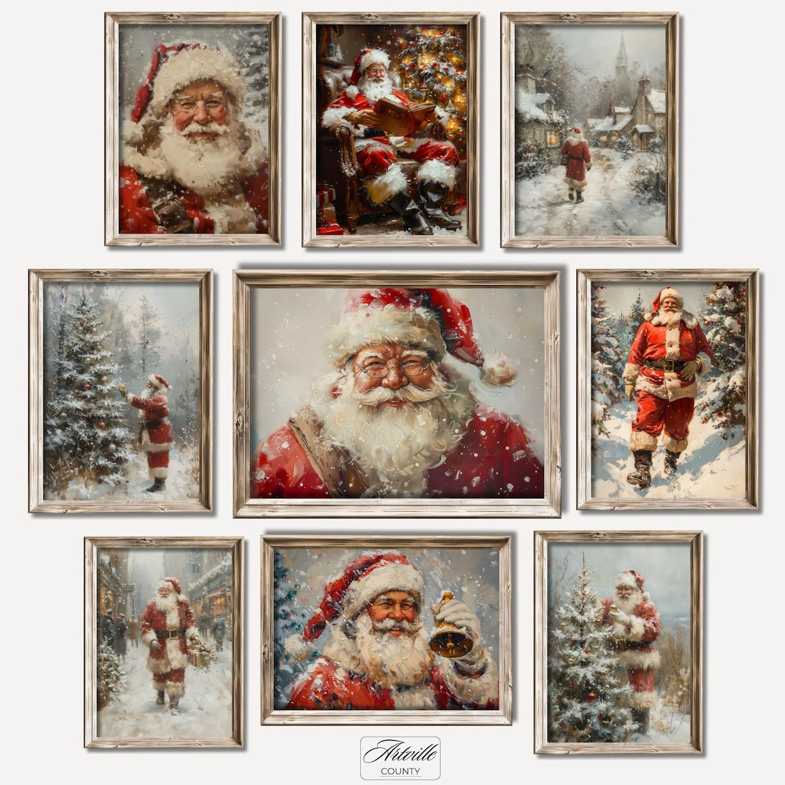 Vintage Santa Gallery Set Nine Christmas Scenes Holiday Poster