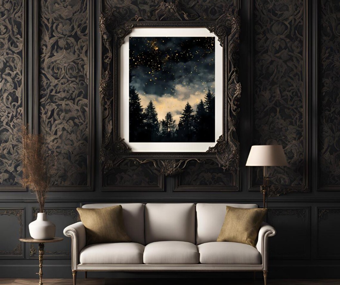 Golden Starry Sky Over Pine Forest Silhouettes Night Clouds Poster - Image 3
