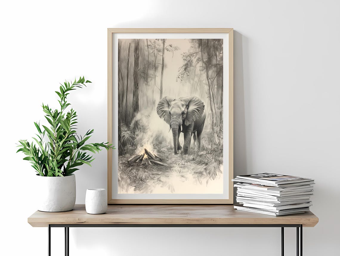 Serene Monochrome Elephant Walking in a Misty Forest Sketch Poster - Image 4