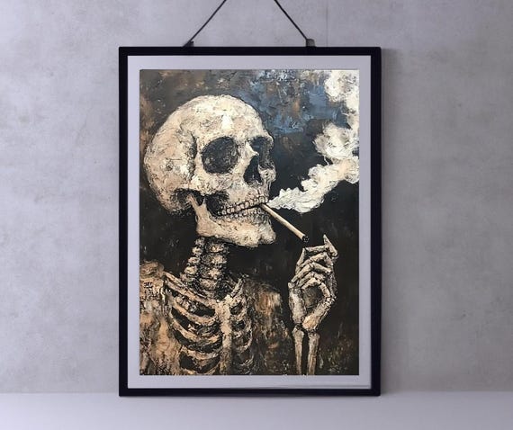 Van Gogh Print Skull Of A Skeleton With Burning Cigarette Moody Dark Academia Print Dark Wall Art Skull Art Print Gothic Wall Art