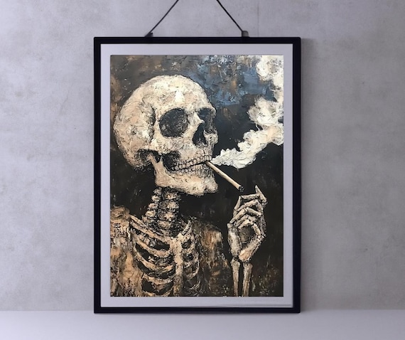 Van Gogh Smoking Skeleton Skull Textured Brushstroke Moody Dark Poster
