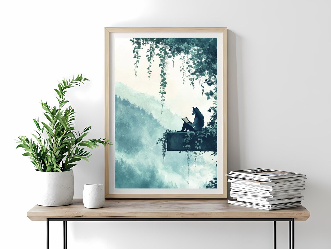 Wolf Reading Book Misty Cliff Forest Mystical Animal Art Poster - Image 3