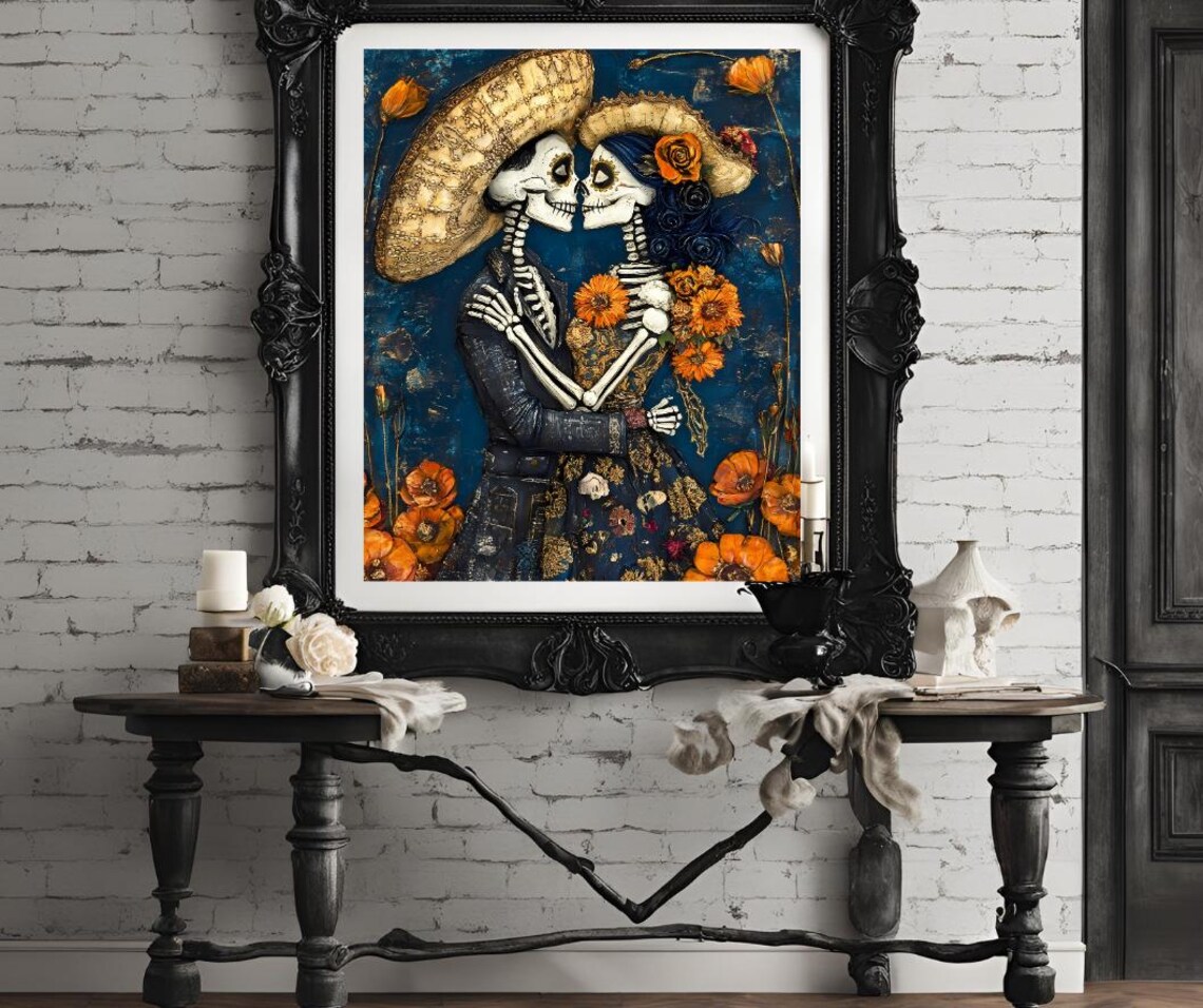 Dia De Los Muertos Couple Catrina Calavera Art Print - Image 4