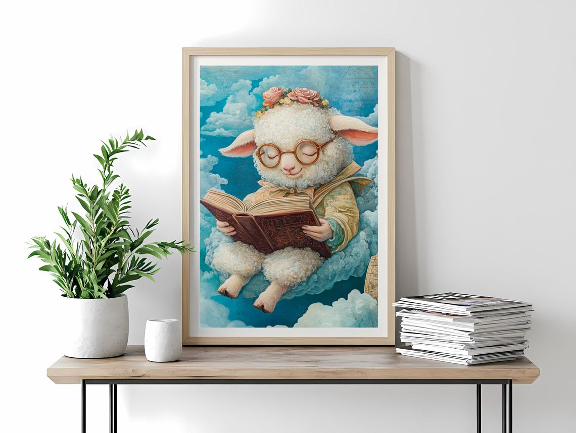 Cute Sheep Reading Book On Clouds With Glasses Whimsical Animal Poster