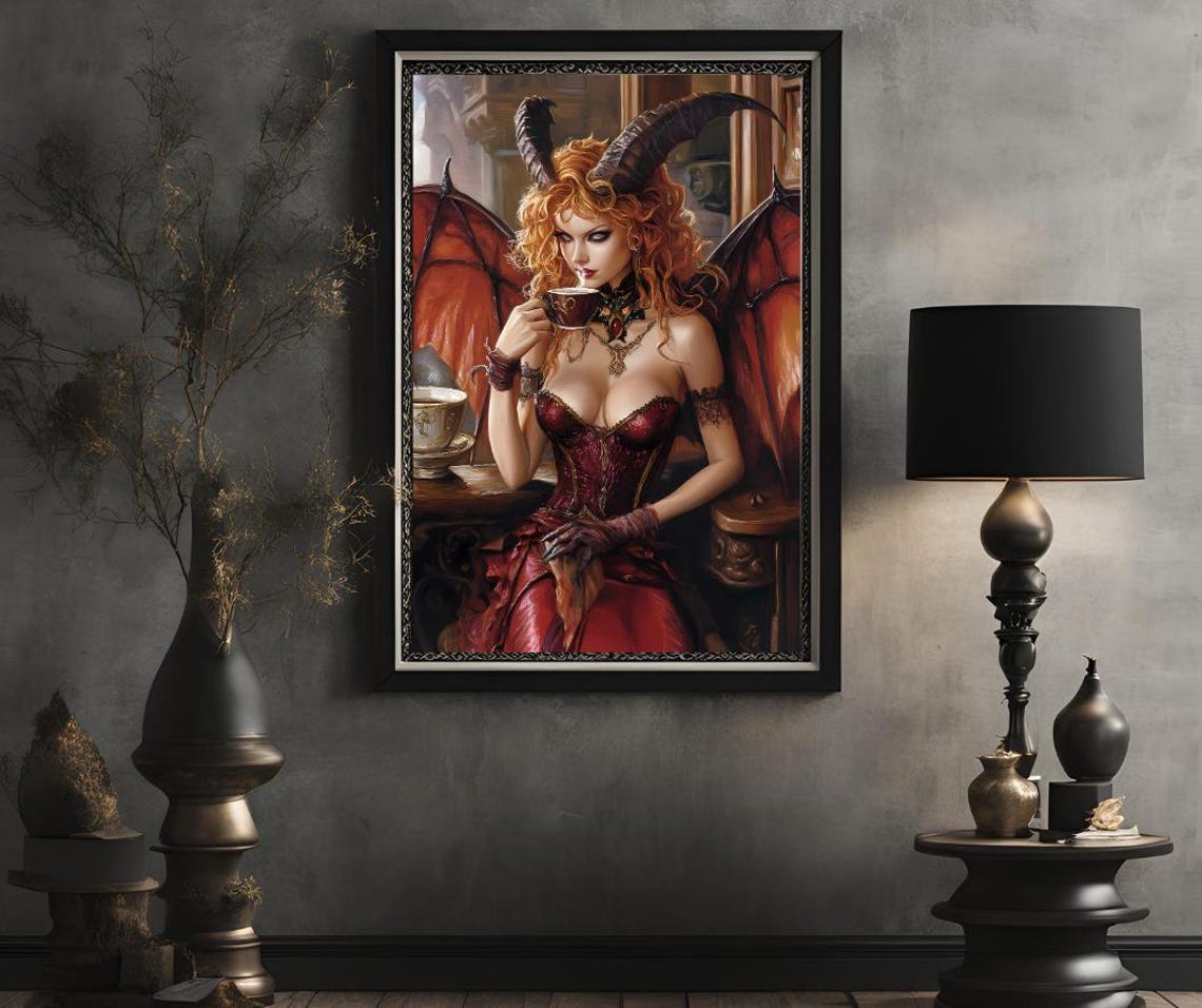 Fantasy Demon Woman Art Red Horned Beauty With Coffee Gothic Wall Decor Gift For Fantasy Lovers - Image 2