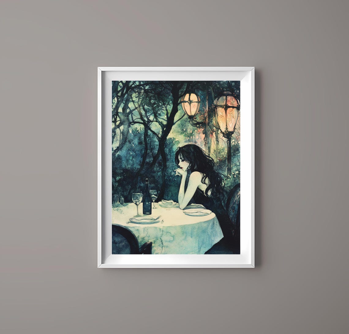 Dreamy Moonlit Dinner Woman Under Trees Watercolor Romantic Poster - Image 3