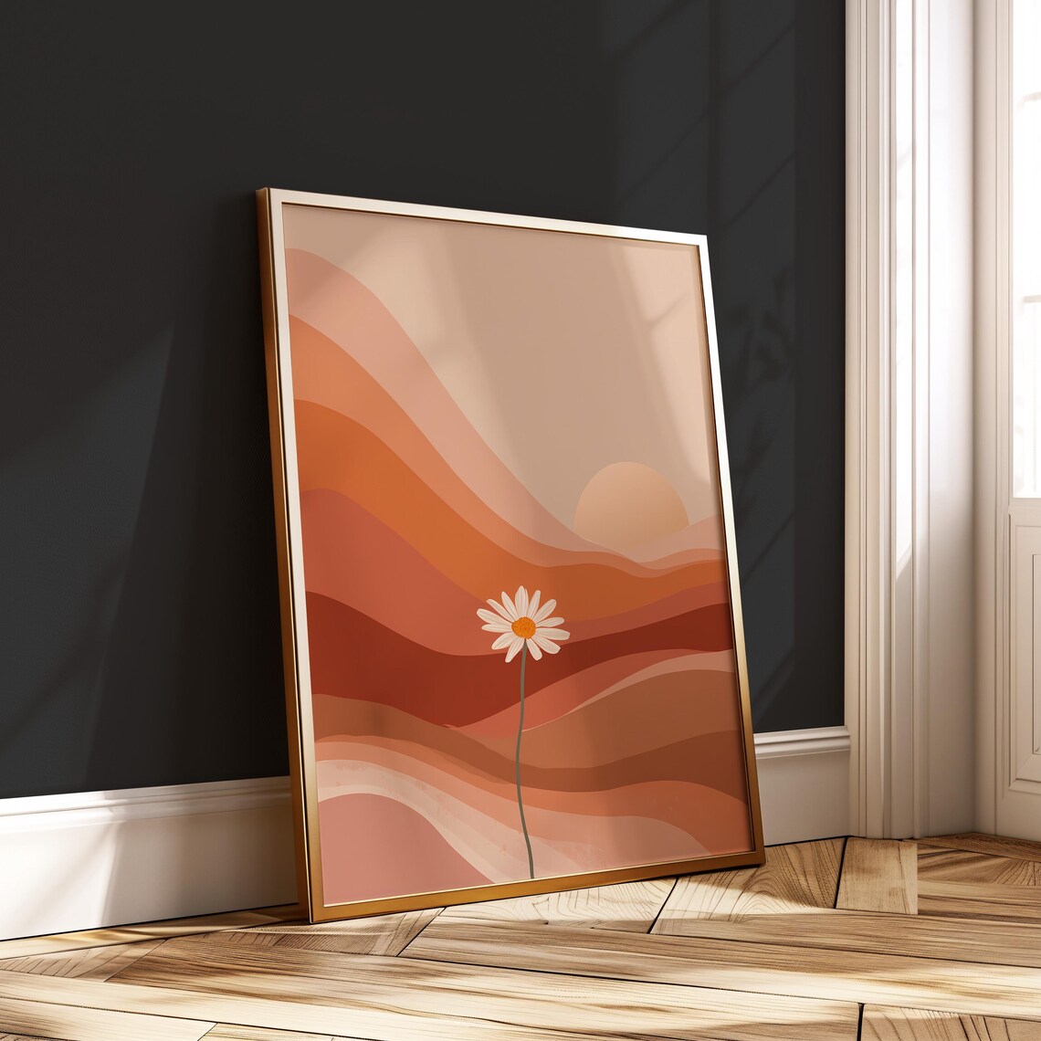 Boho Daisy Minimalist Sunset Terracotta Waves Retro Floral Wall Art