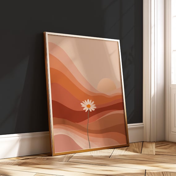 Boho Daisy Sun Wall Art Minimalist Sunset Poster Retro Terracotta Floral Print File
