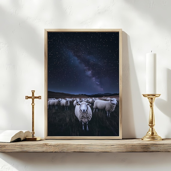 Lost Sheep Flock Starry Night Sky Photography Milky Way Farm Animal Poster