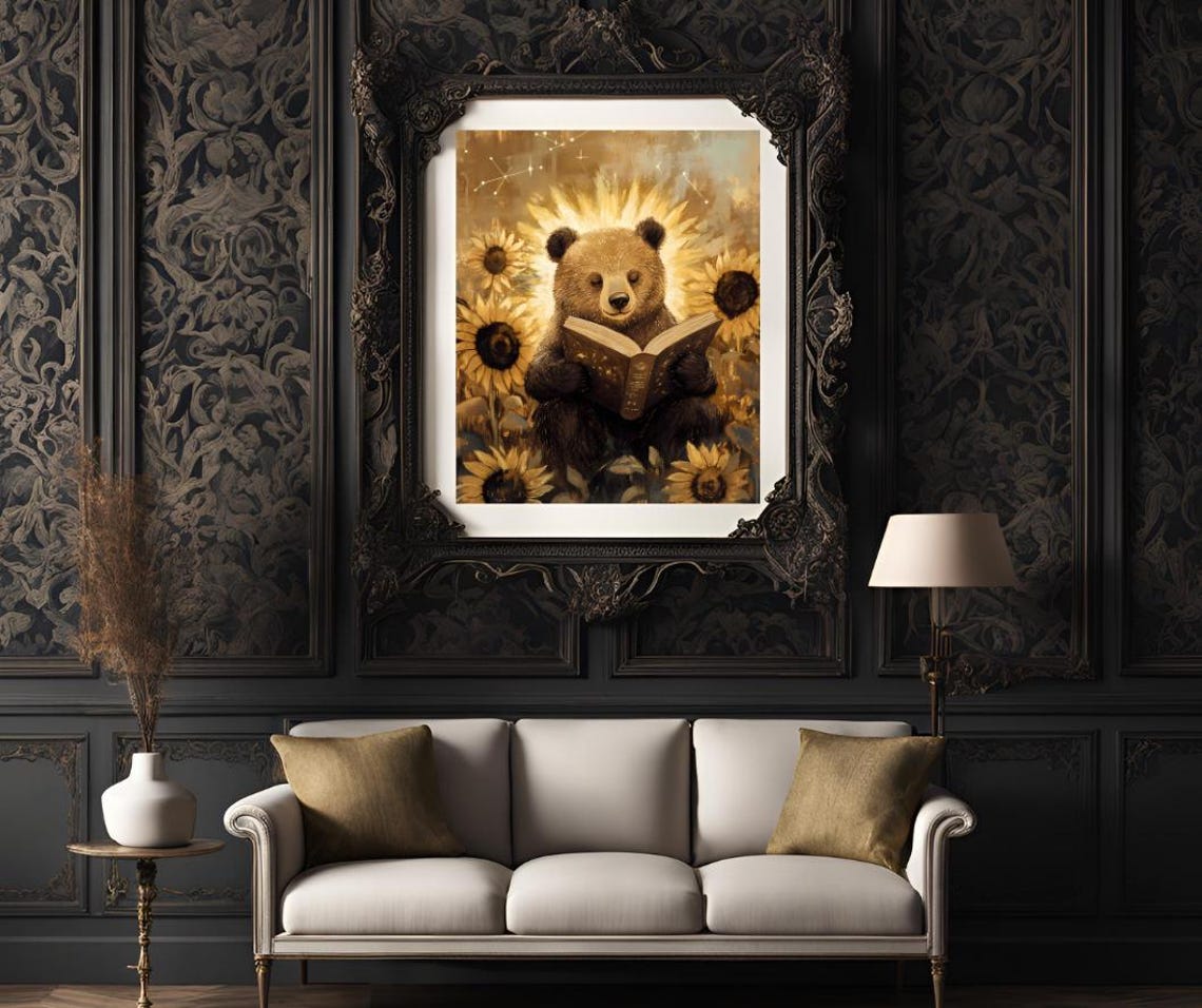 Cozy Bear Reading a Book Among Golden Sunflowers at Night Poster - Image 3