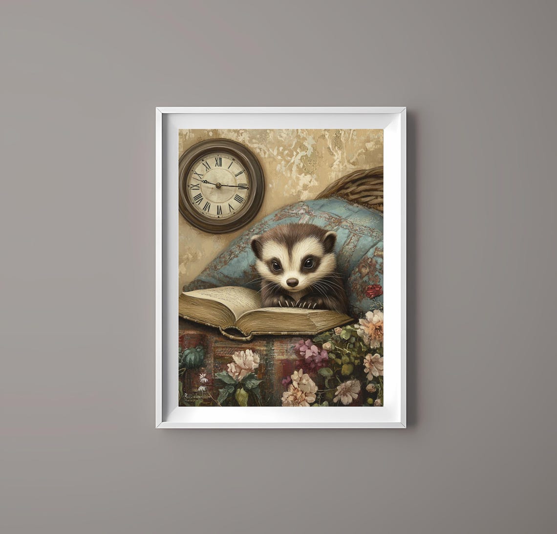 Cozy Ferret Reading a Book in a Vintage Study with Clock Poster - Image 2