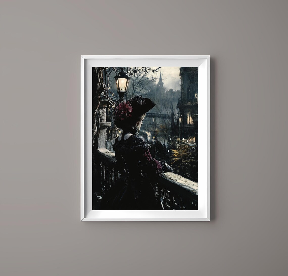 Victorian Woman Night Balcony Lamp Dark Romantic Cityscape Poster