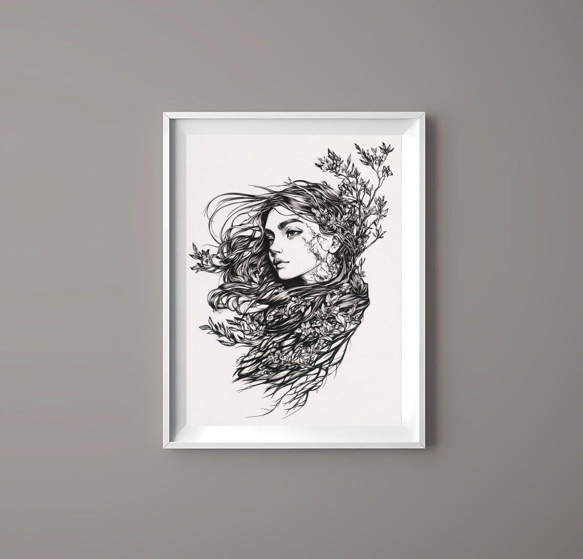 Botanical Line Art Woman Profile Floral Black White Minimal Poster - Image 4