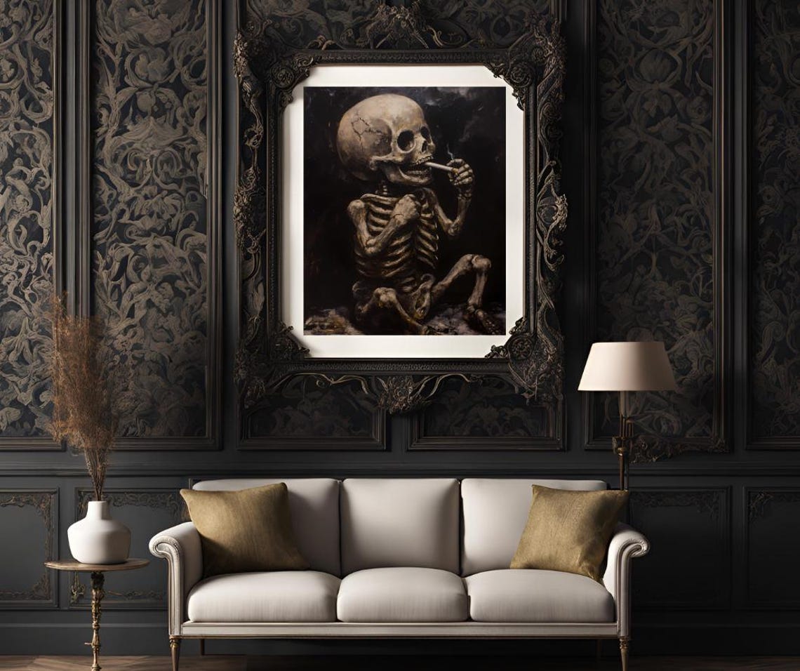 Skeleton Smoking Cigarette in Moody Sepia Oil Painting Art Poster - Image 3