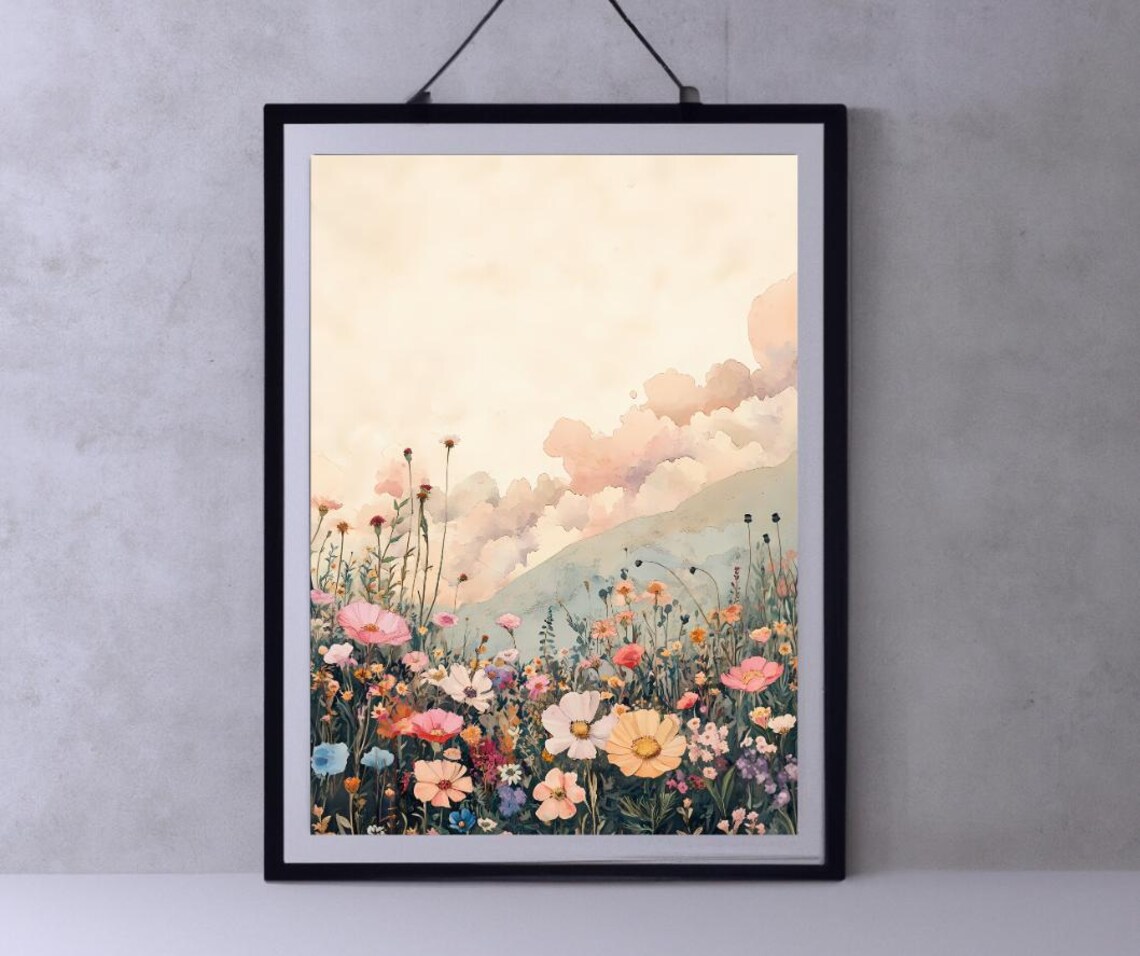 Spring Flower Field Meadow Watercolor Landscape Poster with Pink Clouds