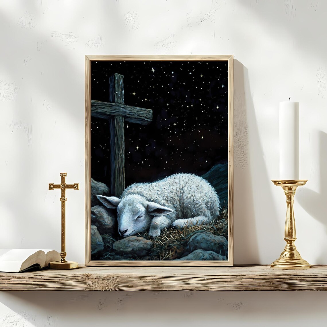 Lamb And Cross Christian Art Print, Prayer Decor