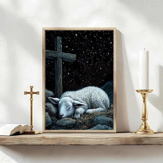 Lamb And Cross Christian Art Print, Prayer Decor