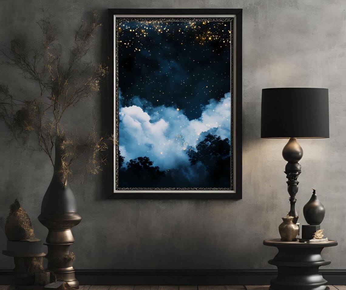 Starry Night Sky with Clouds and Golden Stars Celestial Art Poster - Image 2
