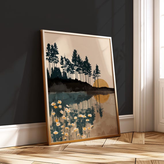 Forest Sunset Daisy Print Boho Floral Reflection Wall Art Nature Landscape Poster