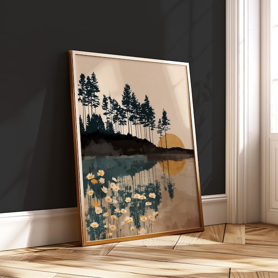 Forest Sunset Daisy Reflection Tranquil Lake Boho Nature Wall Art