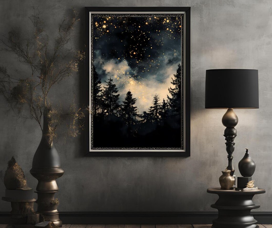 Starry Golden Night Sky Over Pine Forest Silhouette Watercolor Poster - Image 2