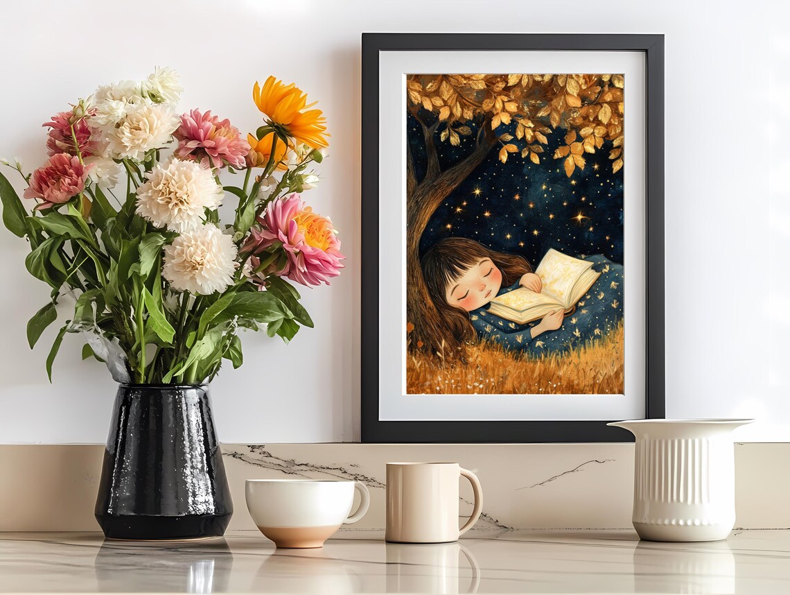 Little Girl Reading Under Starry Night Tree Dreamy Book Lover Poster - Image 2