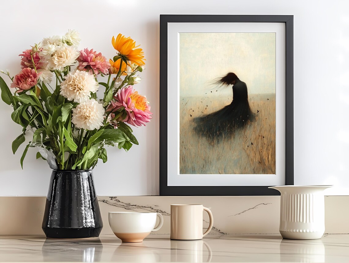 Minimalist Woman Alone in a Golden Wheat Field Serene Art Poster - Image 2
