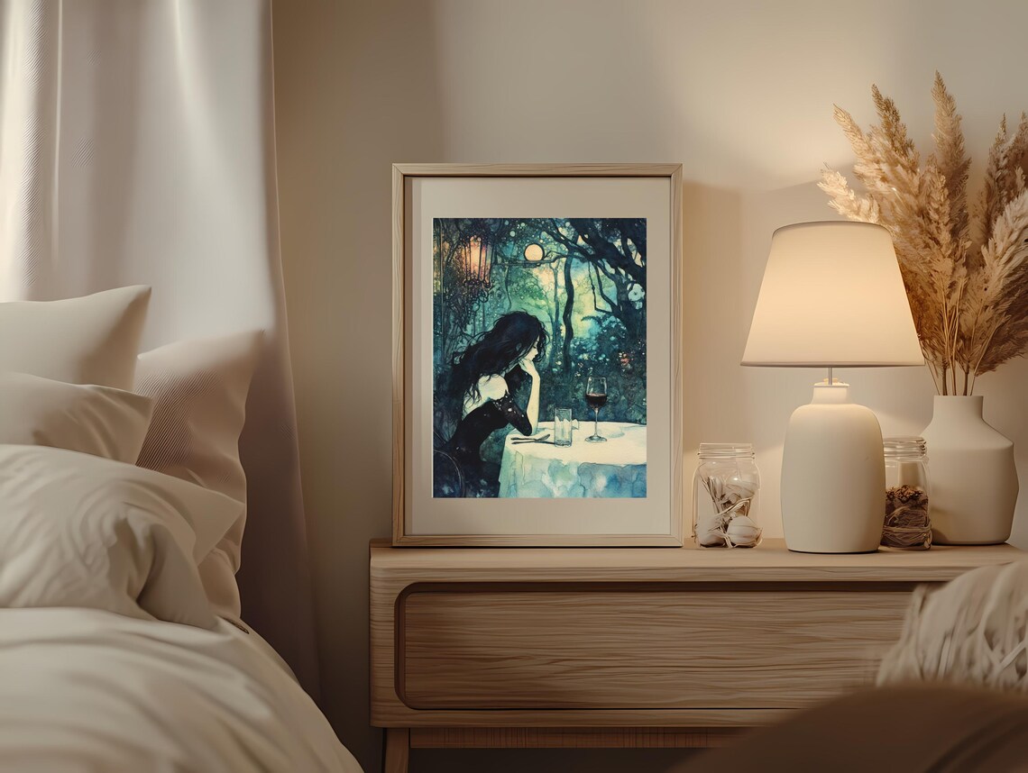 Melancholy Woman with a Glass of Wine at a Moonlit Forest Table Poster - Image 2