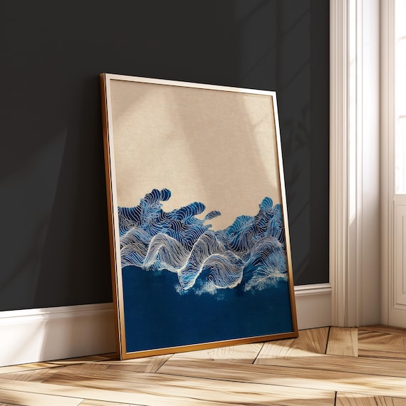 Minimalist Japanese Wave Print Japandi Ocean Wall Art Poster Modern Zen Sea Indigo Line Decor