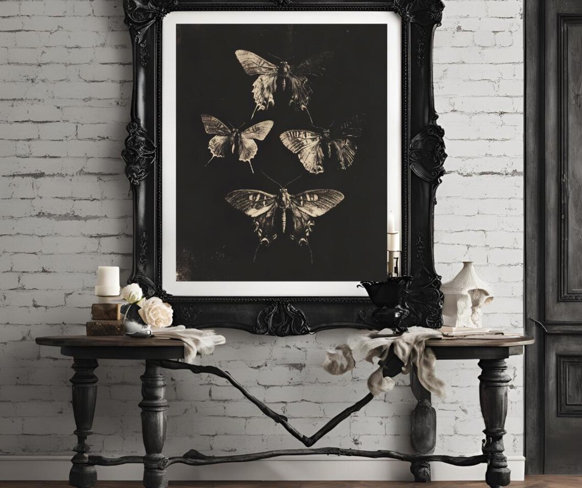 Four Dark Butterflies on Black Vintage Botanical Style Art Poster - Image 4
