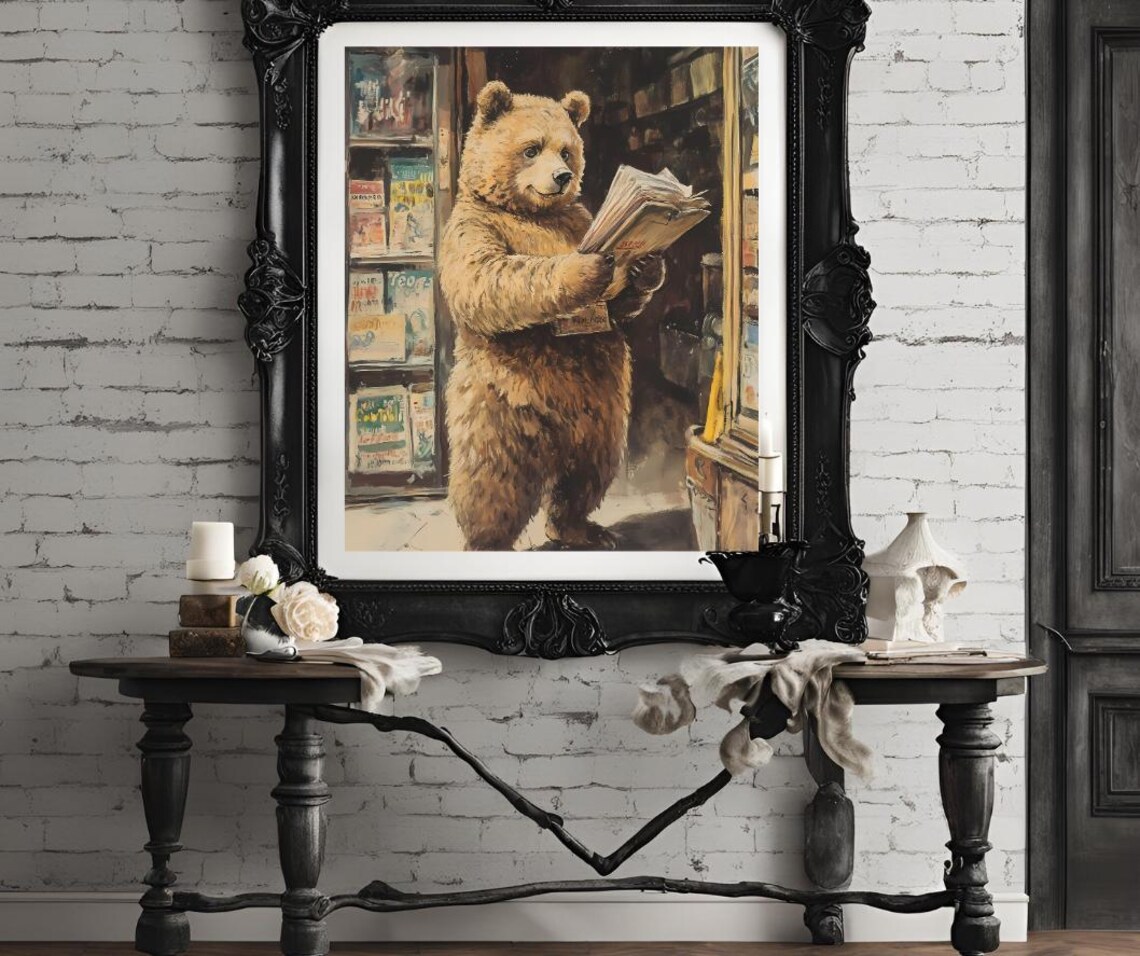 Charming Brown Bear Reading Newspaper in Bookshop Vintage Poster - Image 4