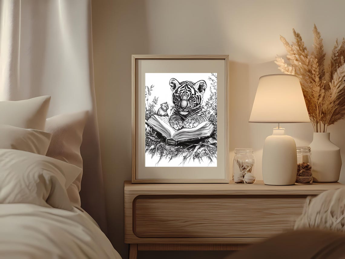 Tiger Cub Reading Book Line Art Whimsical Black White Animal Poster - Image 2