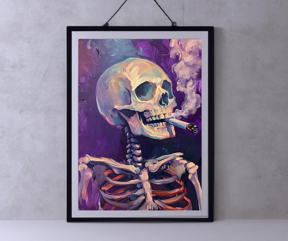 Van Gogh Print Skull Of A Skeleton With Burning Cigarette Moody Dark Academia Print Dark Wall Art Skull Art Print Gothic Wall Art