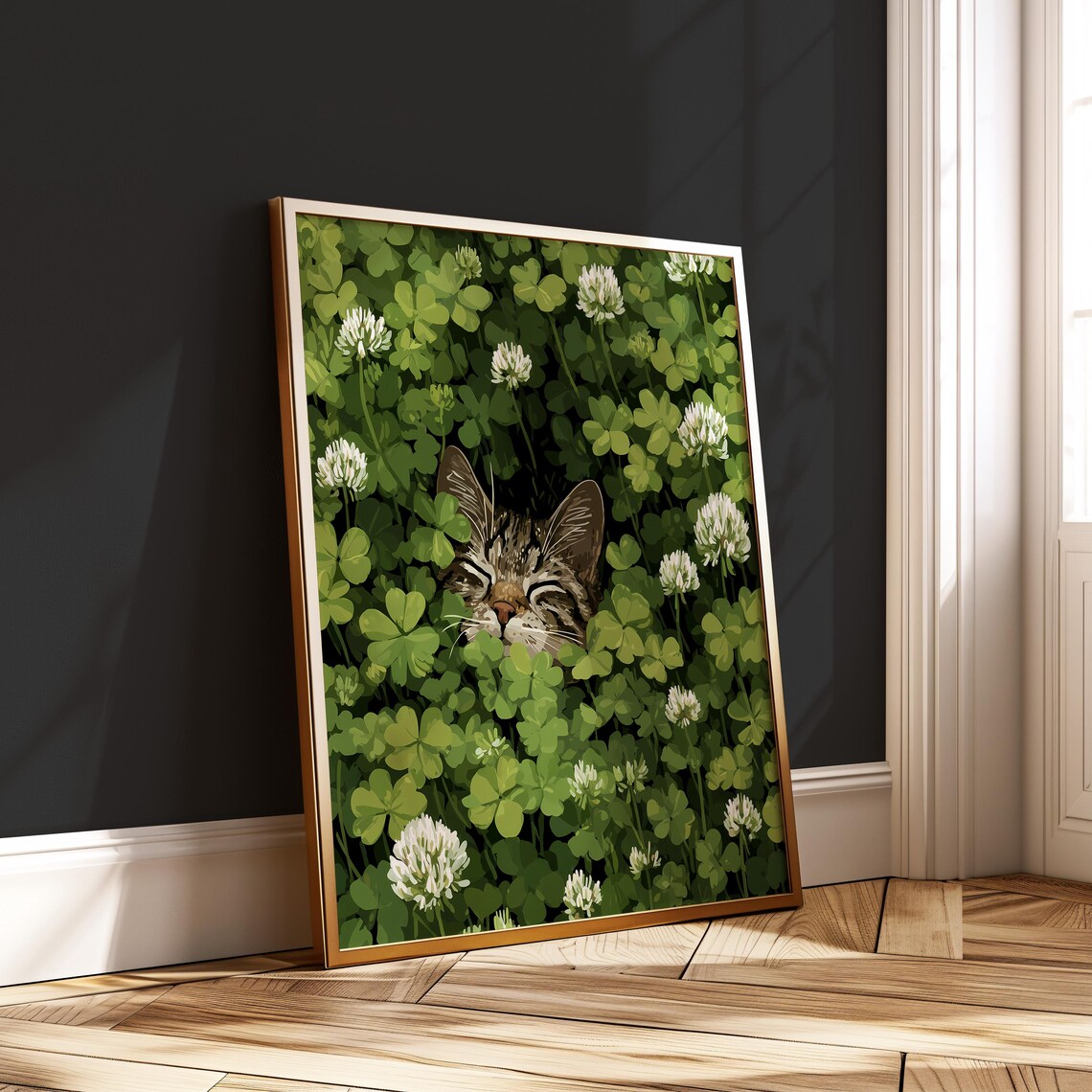 Sleeping Tabby Cat In Clover, Botanical Poster