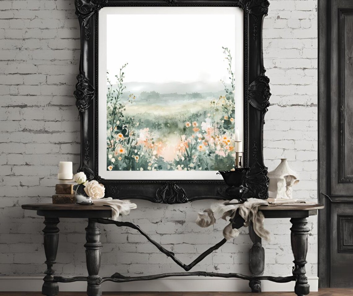 Sunlit Wildflower Meadow In Soft Misty Watercolor Landscape Poster - Image 4