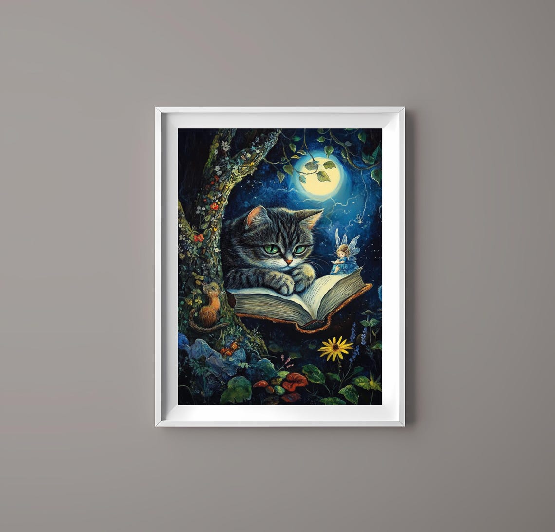 Tabby Cat Reading Book Under Full Moon With Fairy Magic Art Poster - Image 4