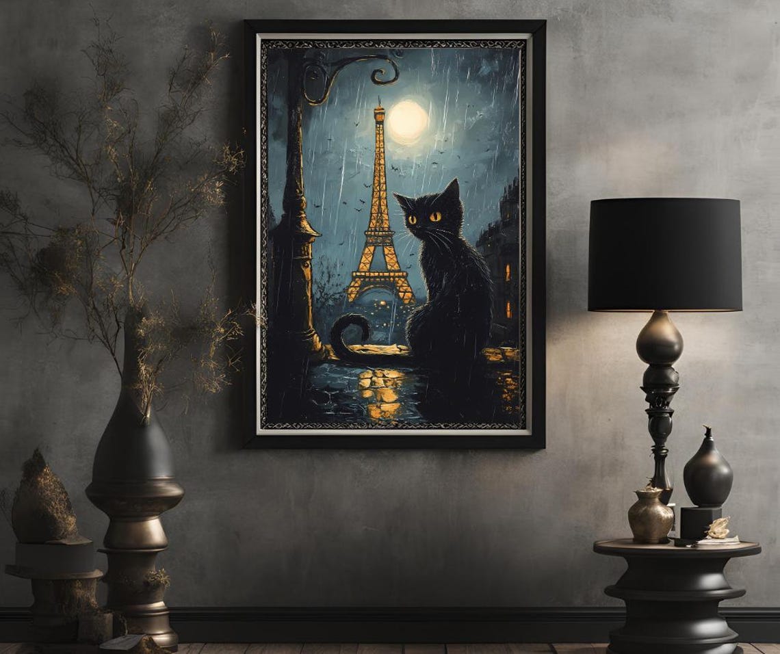 Black Cat Eiffel Tower Rainy Paris Night Noir Romantic Art Poster